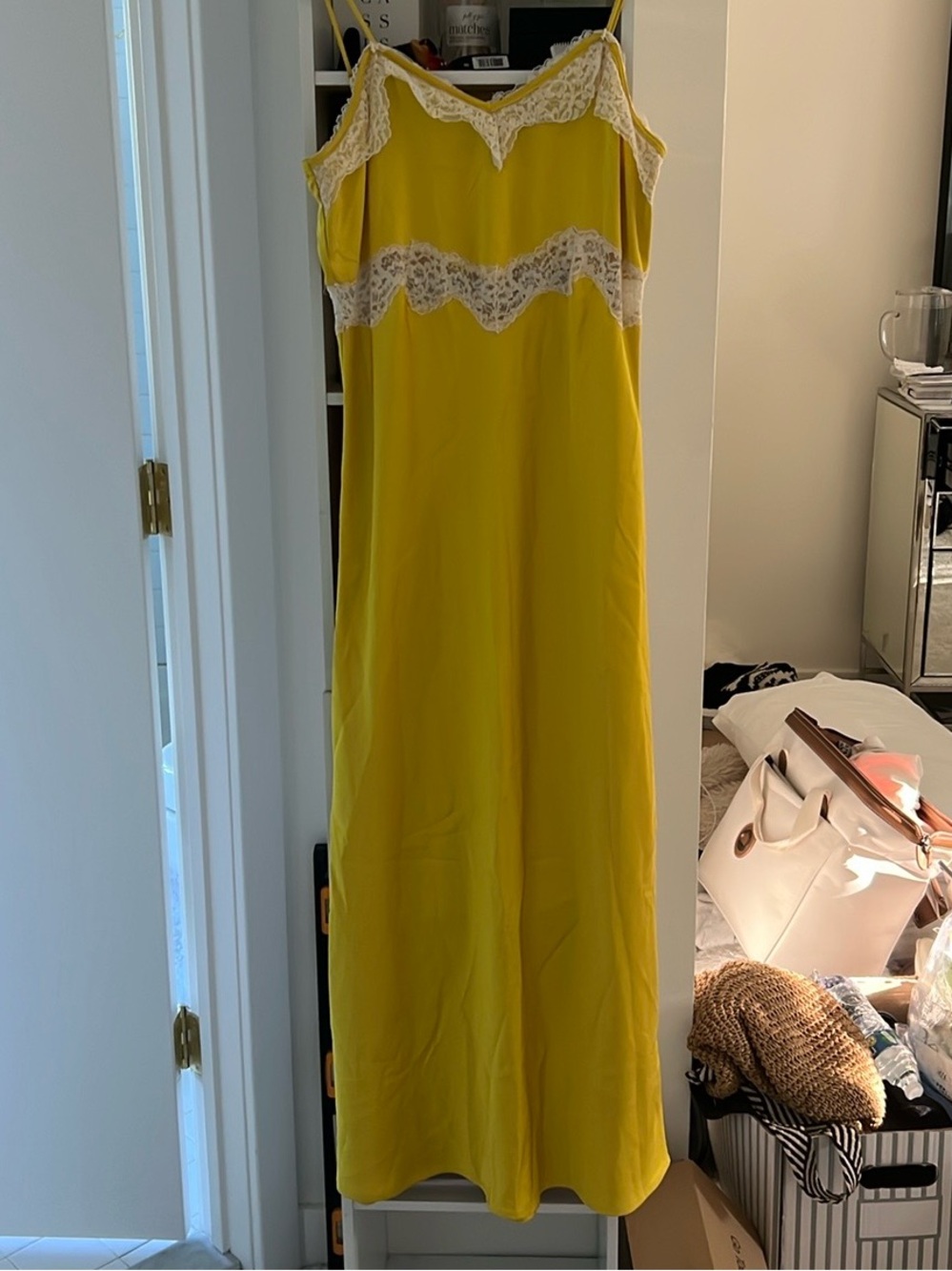 Zara Yellow Satin Lace-Trim Maxi Dress